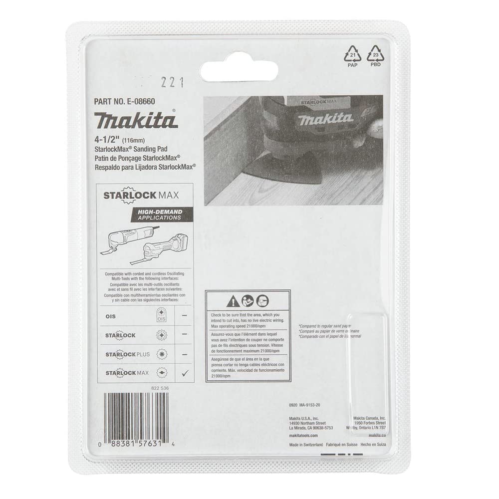 1007-makita-e-08660-starlockmax-oscillating-multi-tool-4-1-2-tungsten-carbide-100-grit-delta-triangle-sanding-pad-4.jpg Makita E-08660 StarlockMax® Oscillating Multi-Tool 4-1/2" Tungsten Carbide 100 Grit Delta Triangle Sanding Pad