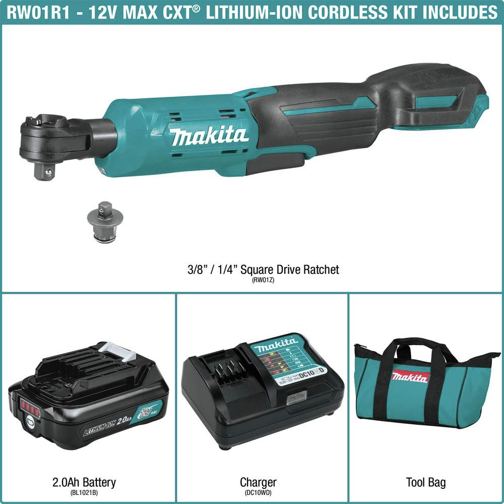 Makita RW01R1 12V max CXT® Lithium-Ion Cordless 3/8" / 1/4" Sq. Drive Ratchet Kit (2.0Ah)