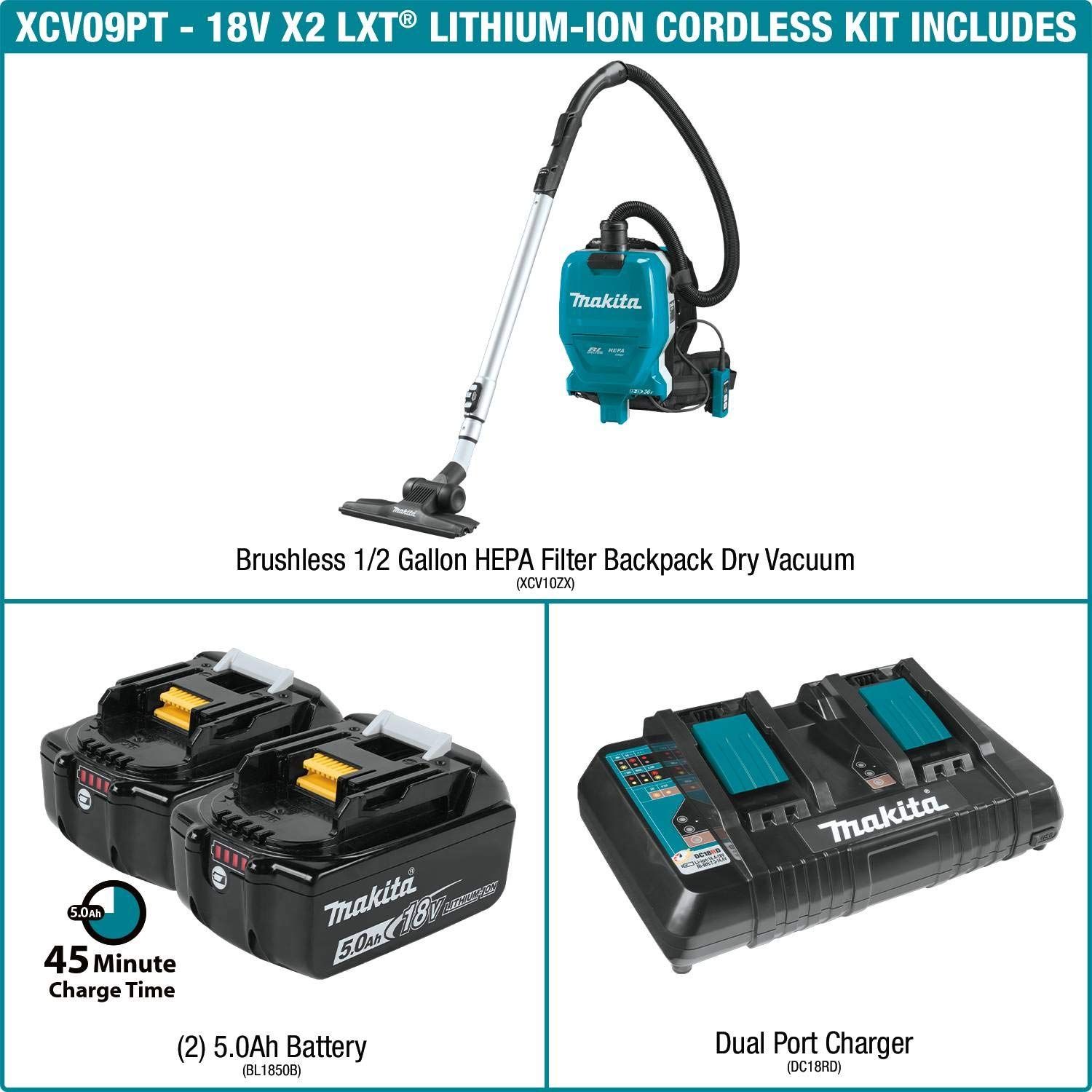 Makita XCV09PT 18V X2 LXT® Lithium-Ion (36V) Brushless Cordless 1/2 Gallon HEPA Filter Backpack Dry Vacuum Kit (5.0Ah)