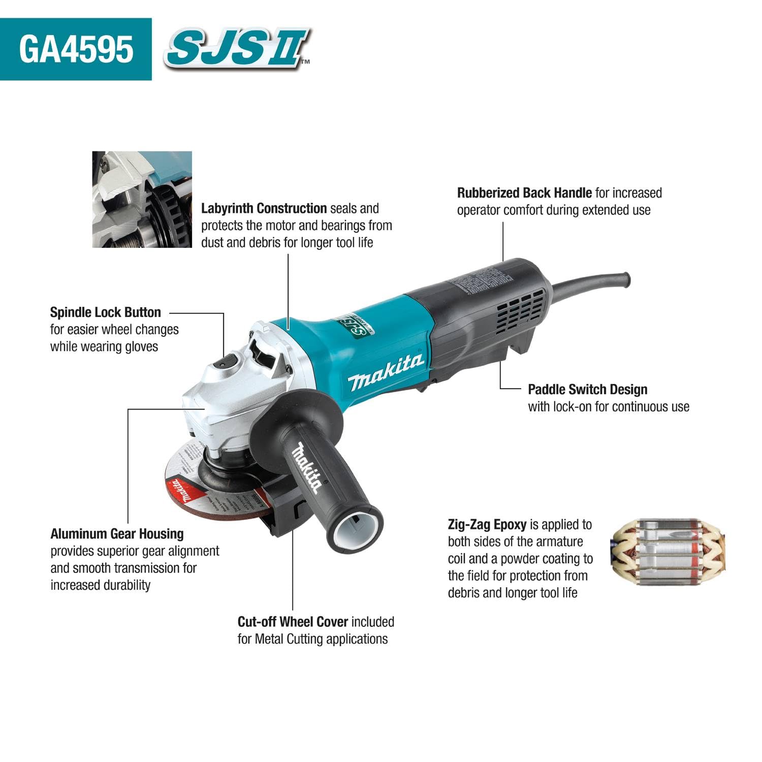 Makita GA4595 4-1/2" SJS™II High-Power Angle Grinder, Paddle Switch