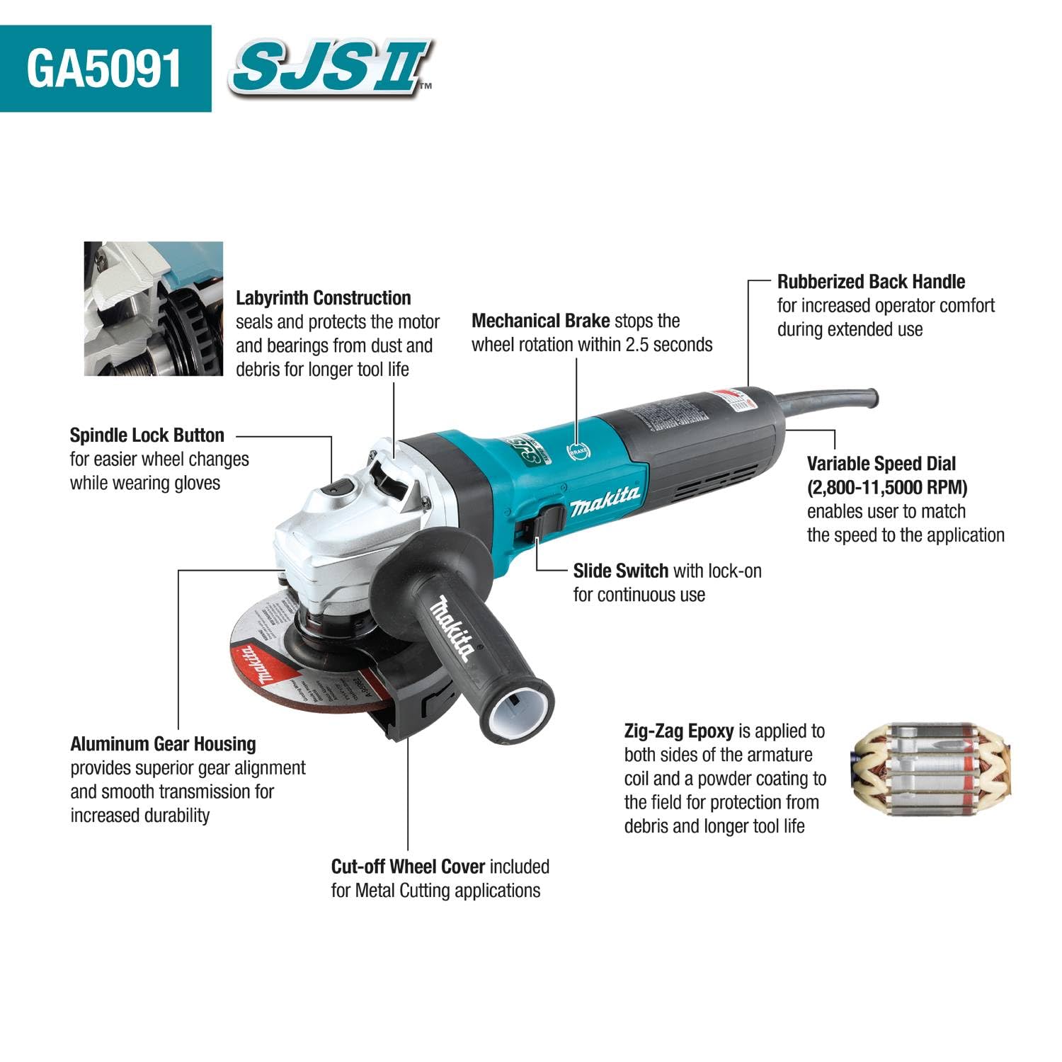 Makita GA5091 5" SJS™II High-Power Angle Grinder w/Brake