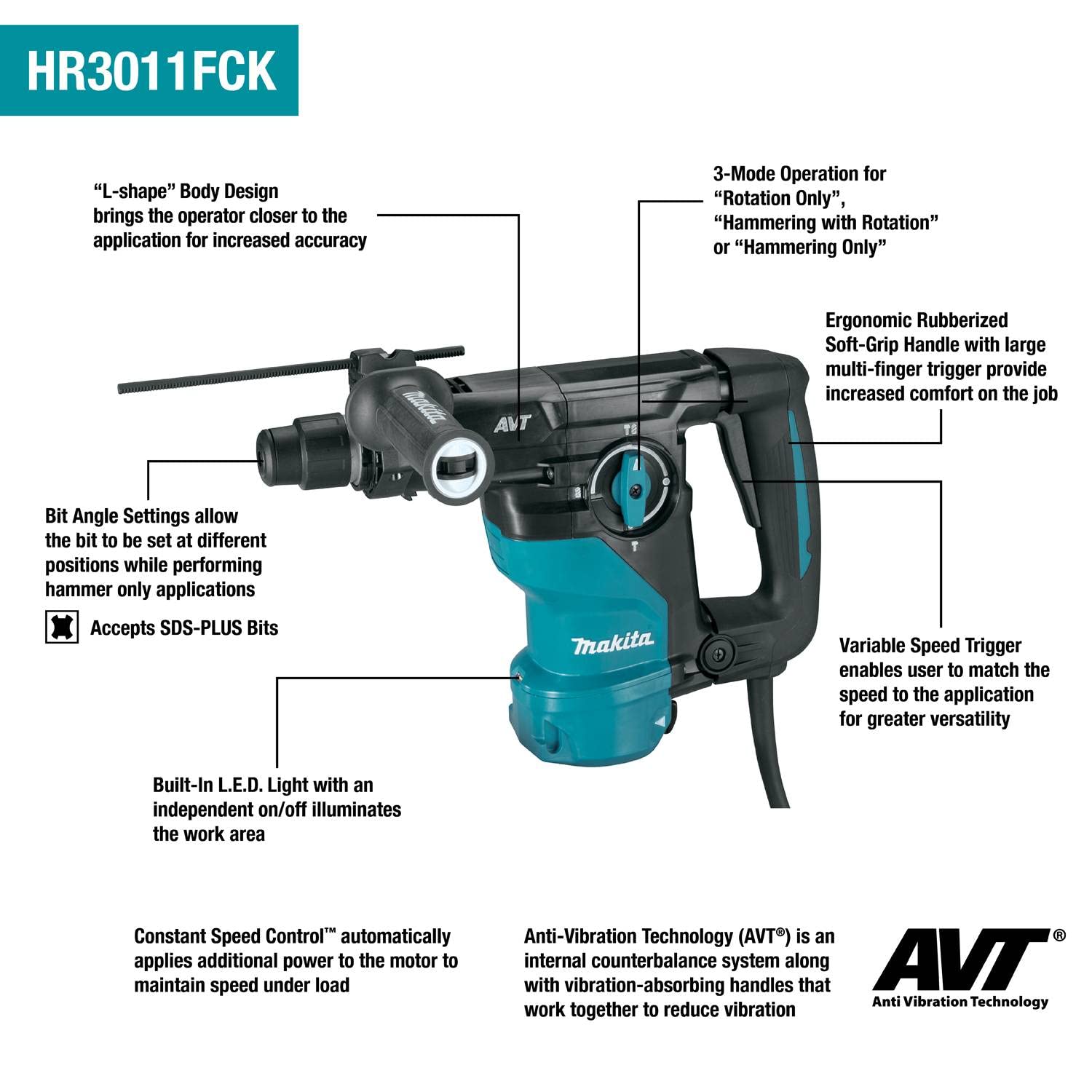 Makita HR3011FCK 1-3/16'' AVT® Rotary Hammer, accepts SDS-PLUS bits (L-Shape)
