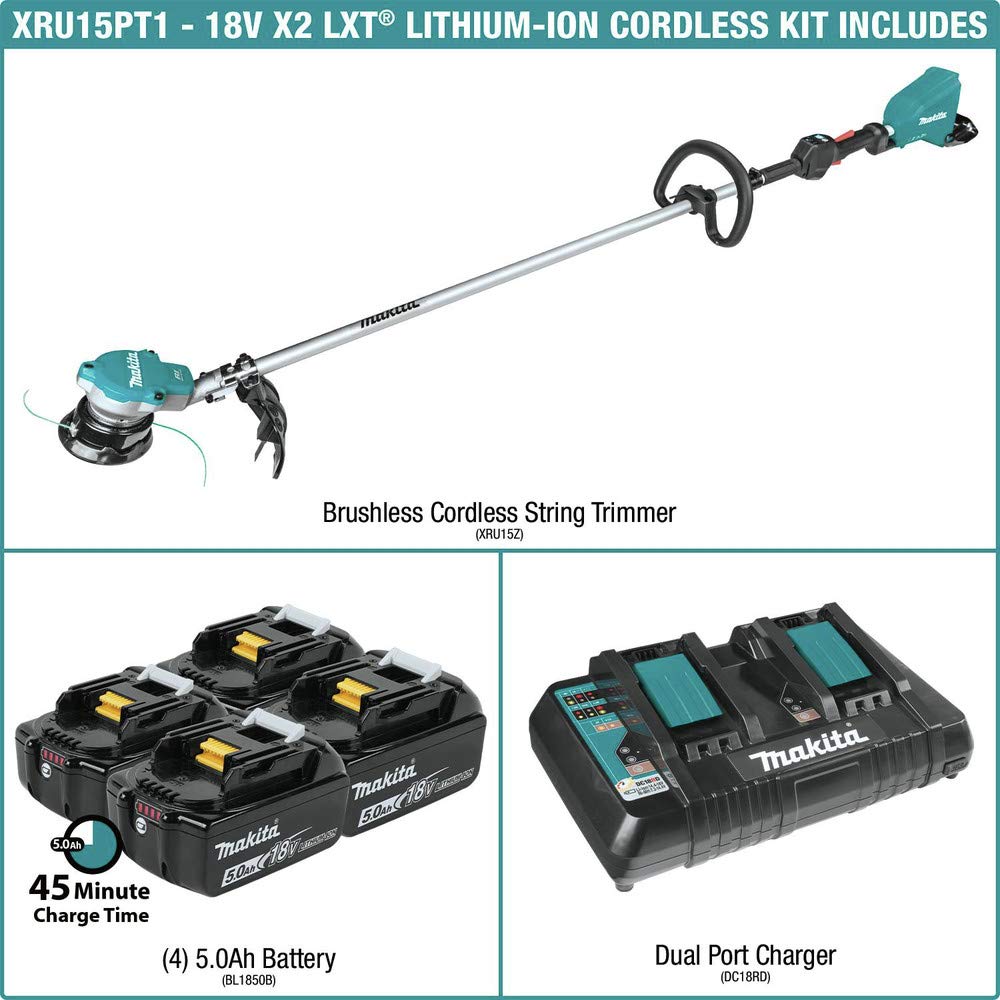 Makita XRU15PT1 36V (18V X2) LXT® Brushless String Trimmer Kit with 4 Batteries (5.0Ah)