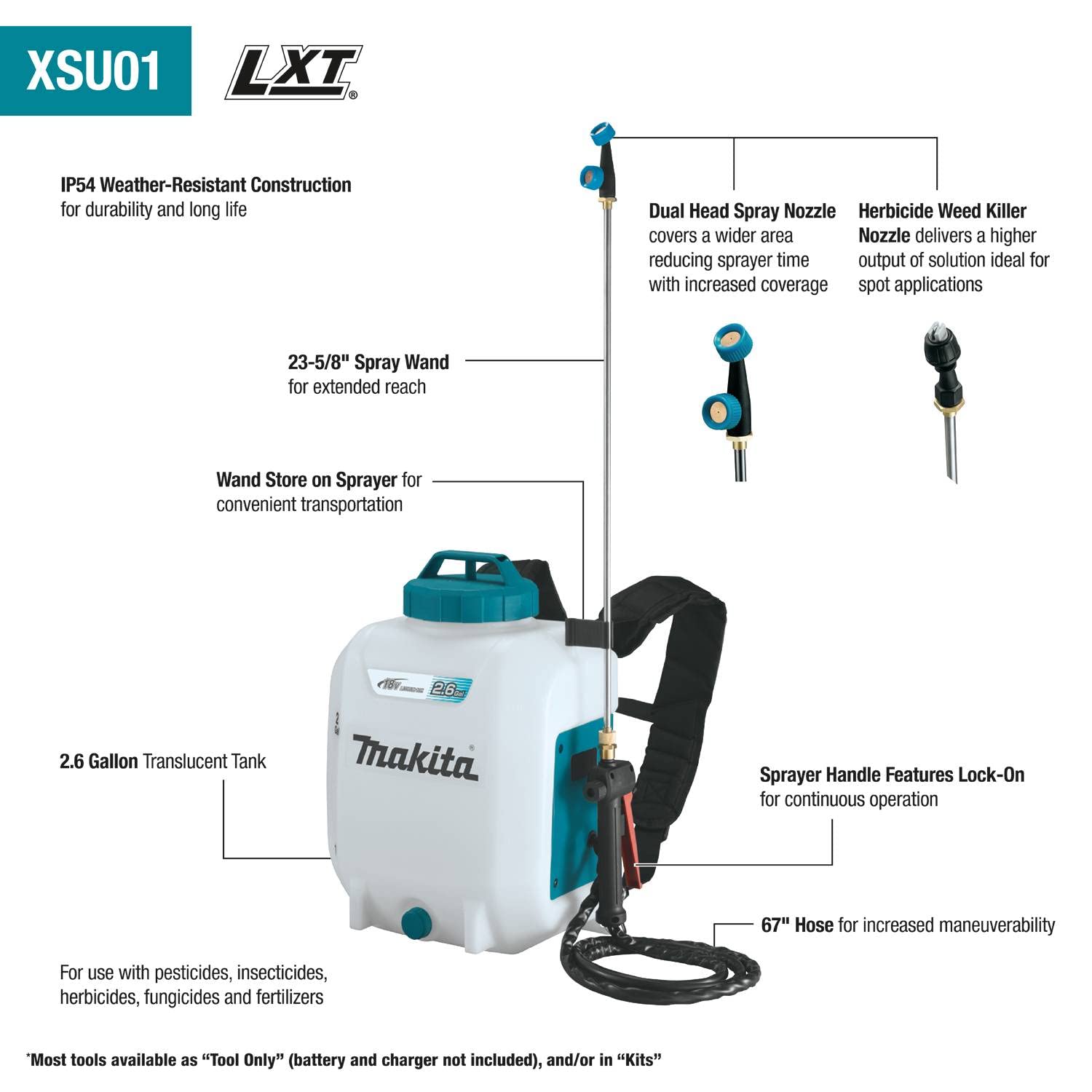 Makita XSU01SM1 18V LXT® Lithium-Ion Cordless 2.6 Gallon Backpack Sprayer Kit (4.0Ah)