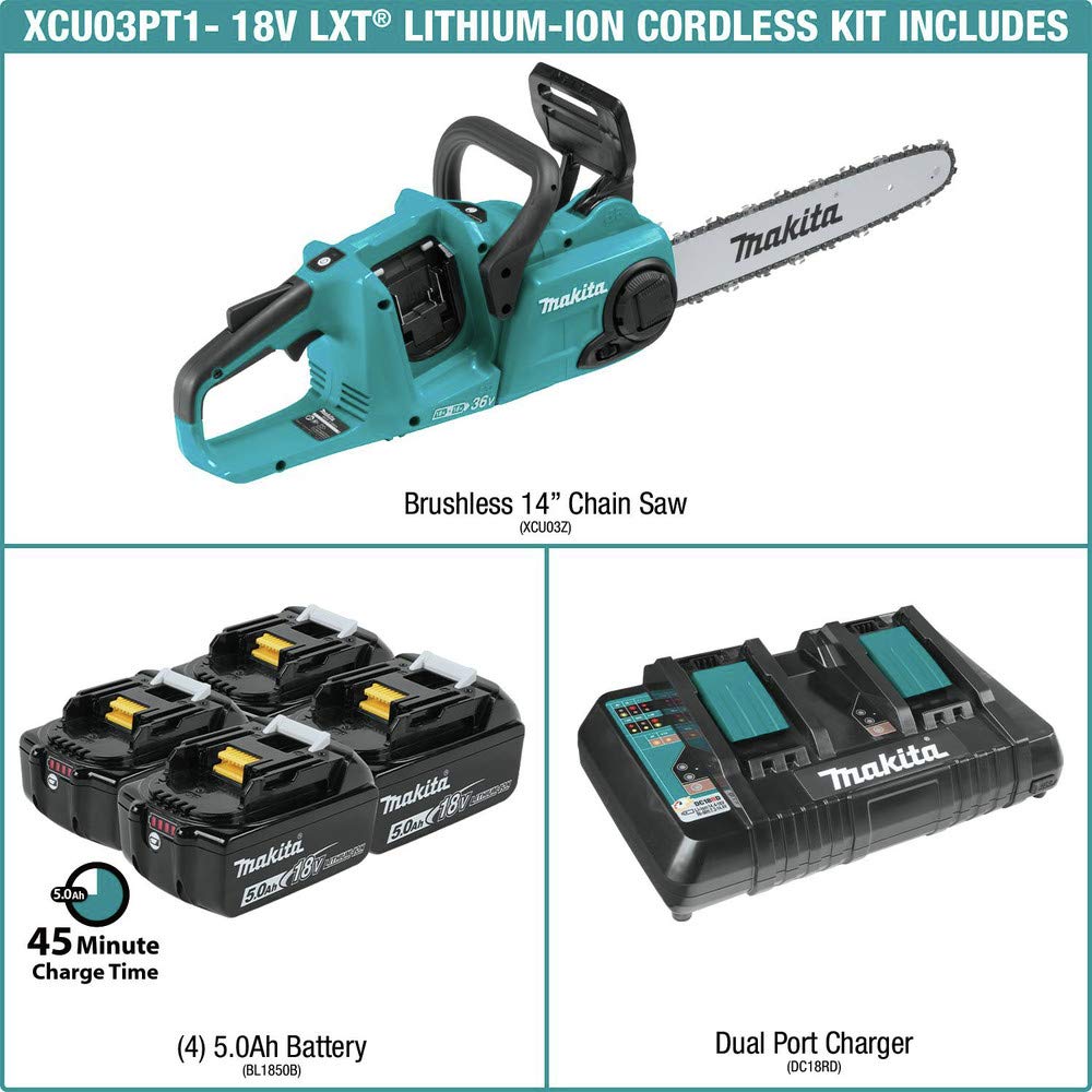 Makita XCU03PT1 18V X2 (36V) LXT Lithium-Ion Brushless Cordless 14" Chain Saw Kit with, 4 Batteries (5.0Ah)