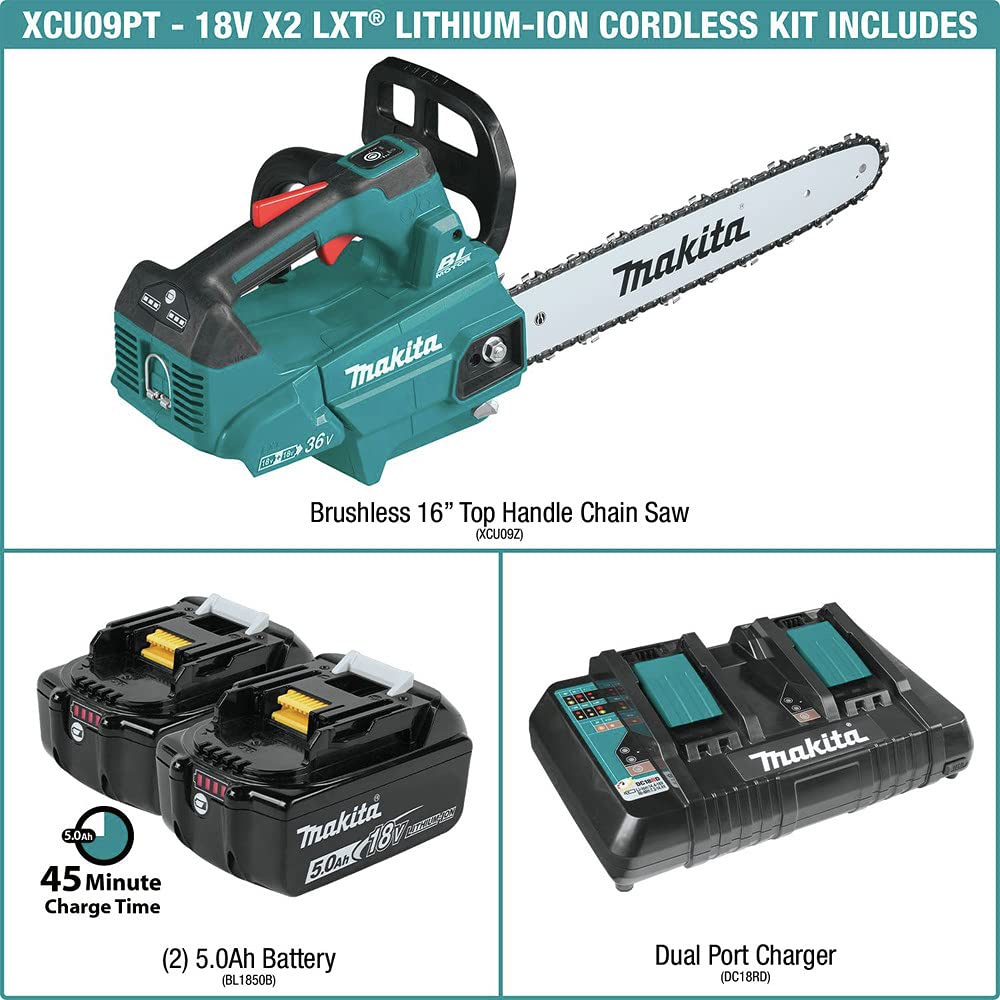 Makita XCU09PT Lithium-Ion Brushless Cordless (5.0Ah) 18V X2 (36V) LXT 16" Top Handle Chain Saw Kit, Teal