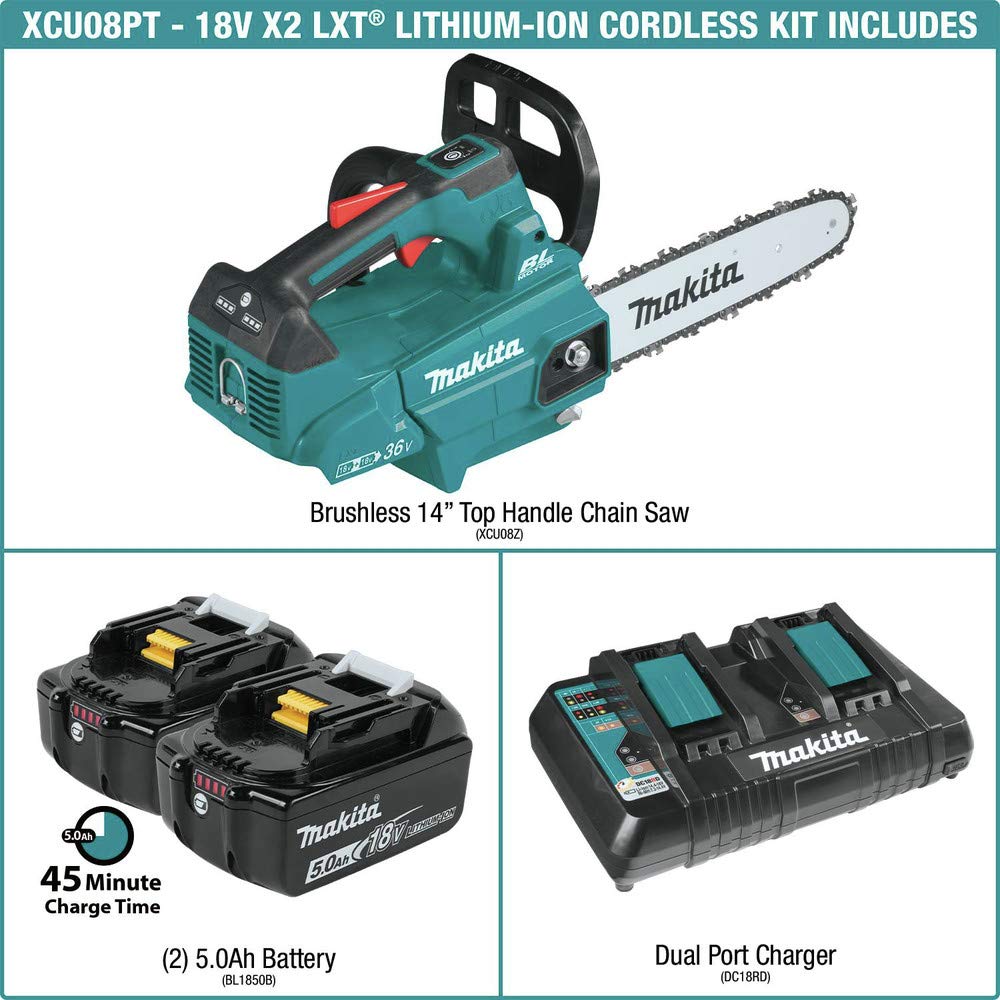 Makita XCU08PT Lithium-Ion Brushless Cordless (5.0Ah) 18V X2 (36V) LXT 14" Top Handle Chain Saw Kit, Teal