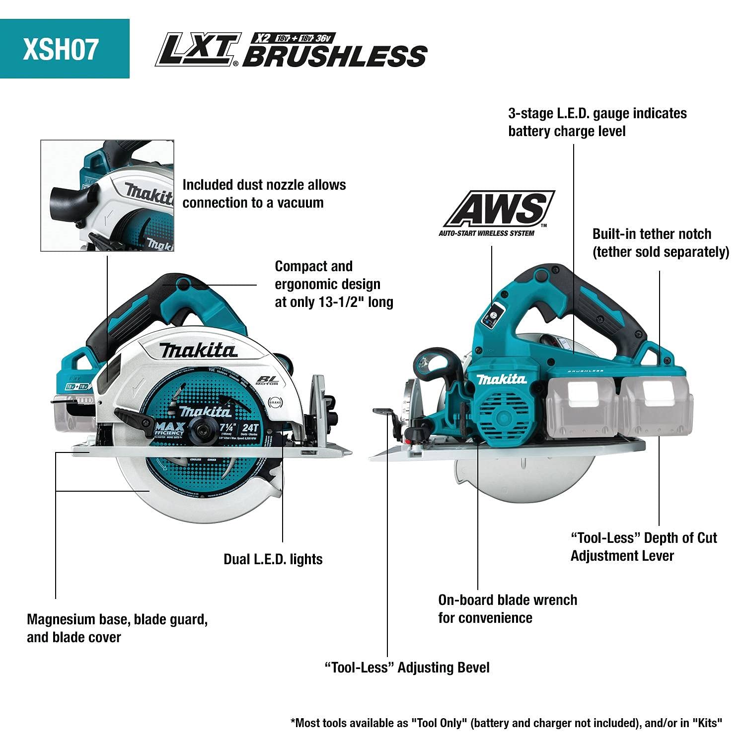 Makita XSH07ZU 18V x2 LXT (36V) 7-1/4” Circular Saw, Aws capable