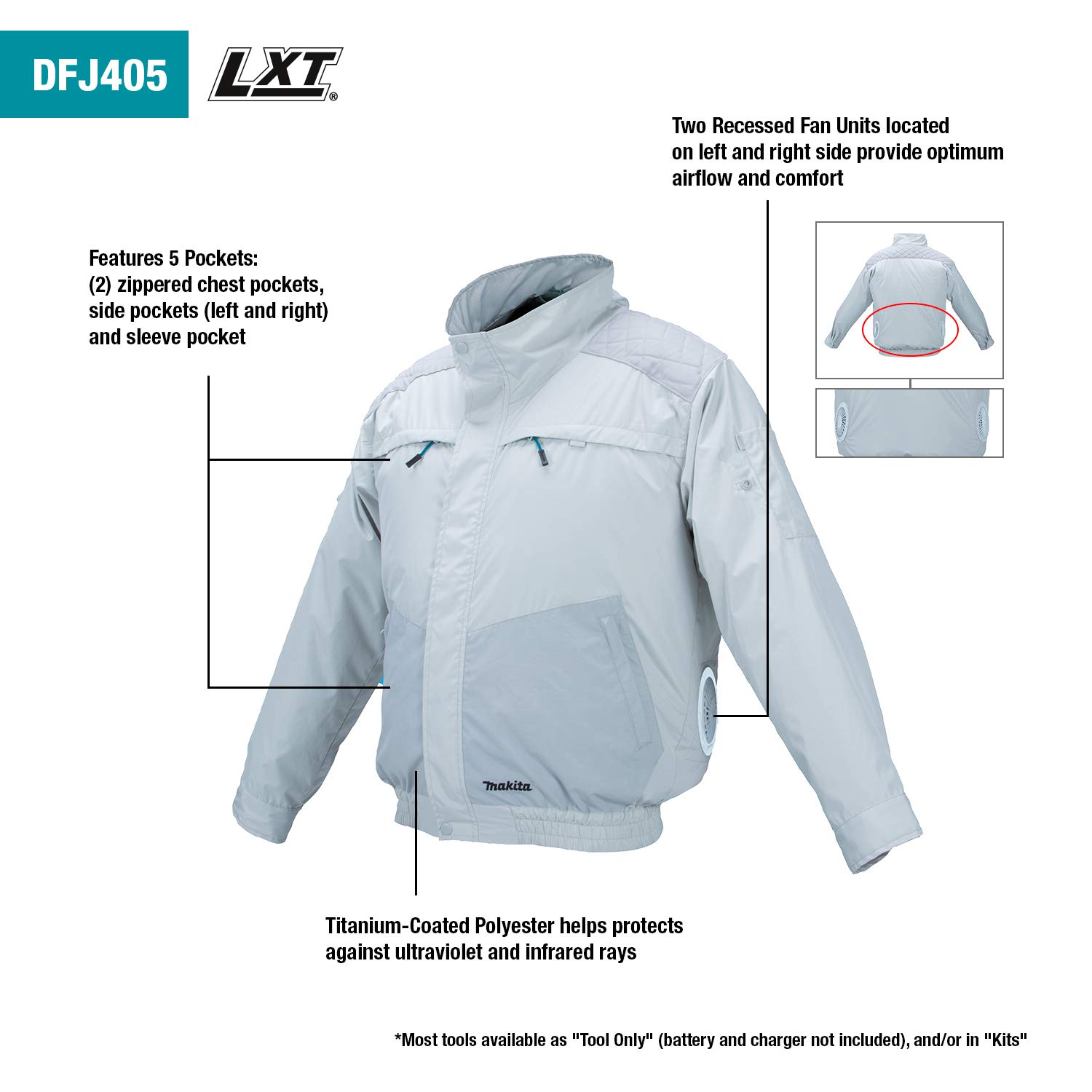 Makita DFJ405ZM 18V LXT UV Resistant Fan Jacket, Medium