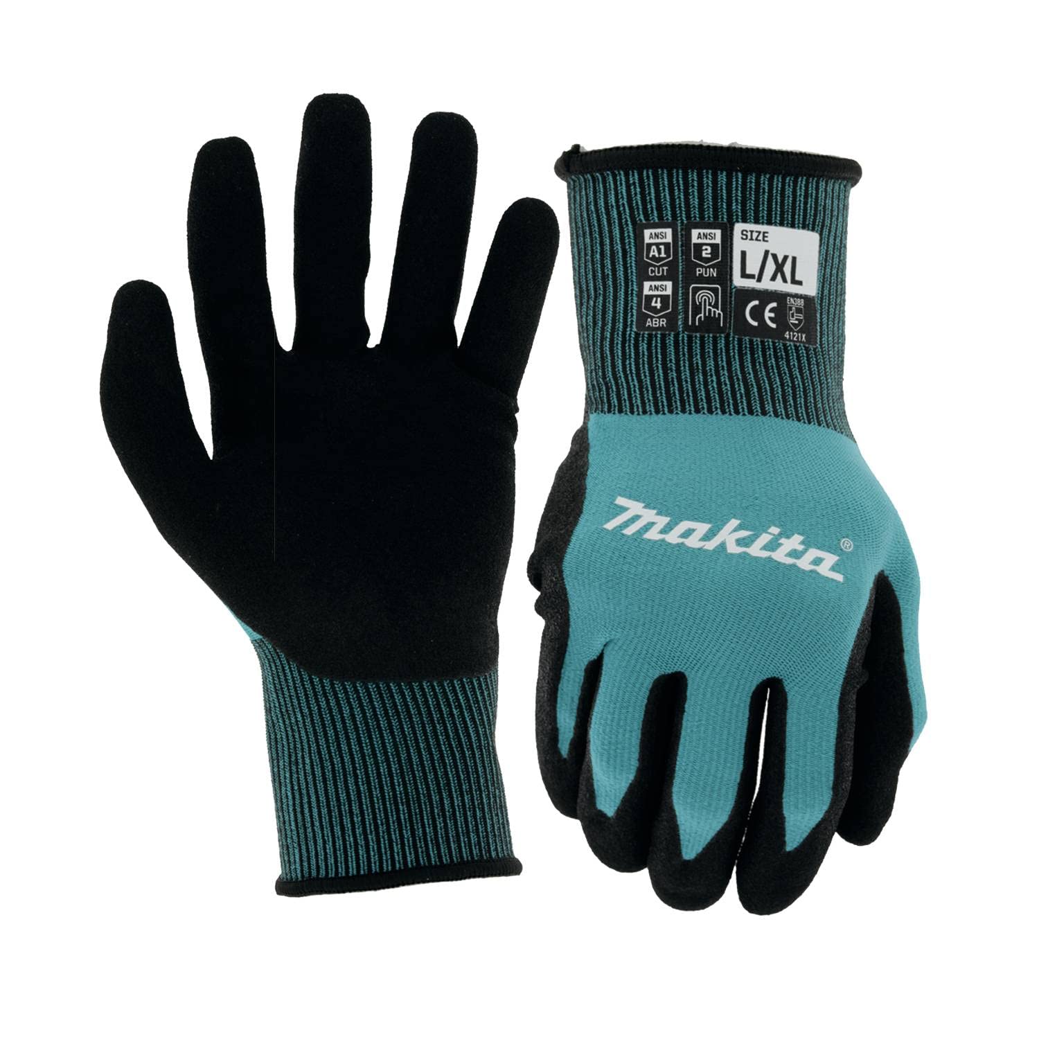 Makita Unisex FitknitÂ T 04123 FitKnit Cut Level 1 Nitrile Coated Dipped Gloves Large X Large, Teal/Black, Large X-Large US