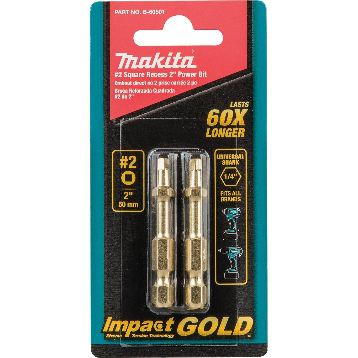 Makita B-60501 Impact Gold #2 Square Recess 2″ Power Bit, 2/Pk