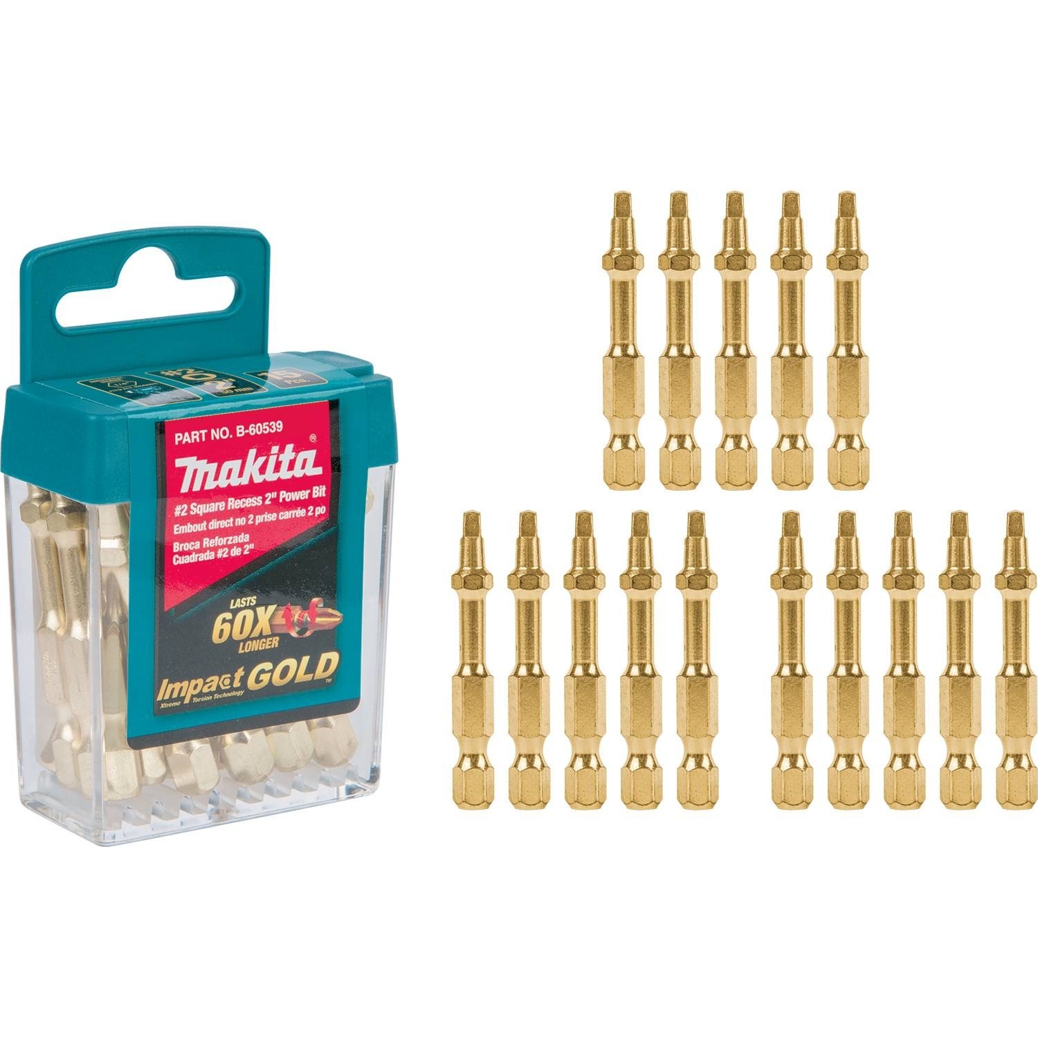 Makita B-60539 Impact Gold #2 Square Recess 2″ Power Bit, 15/Pk