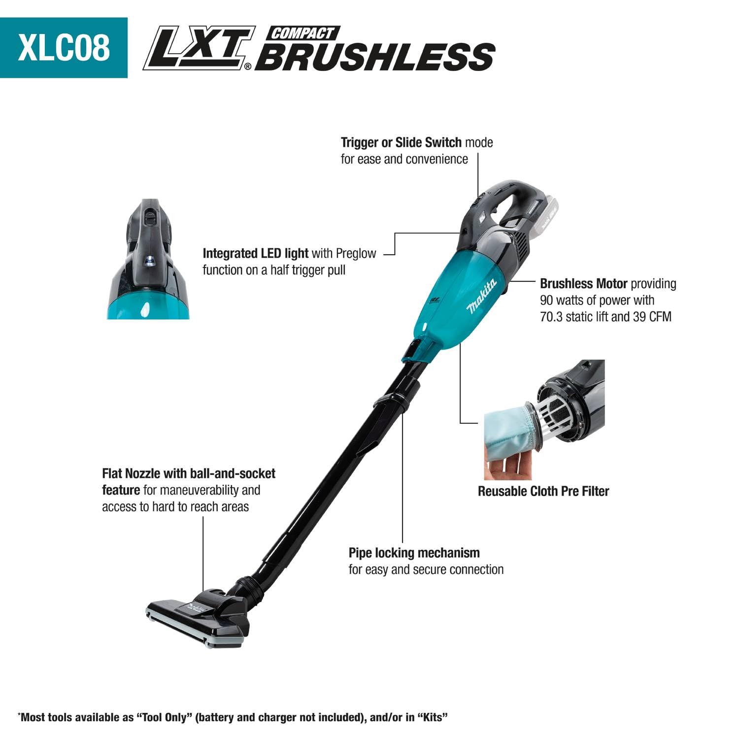 Makita XLC08R1B 18V LXT® Lithium-ion Compact Brushless Cordless Vacuum Kit, Trigger w/Lock (2.0Ah)
