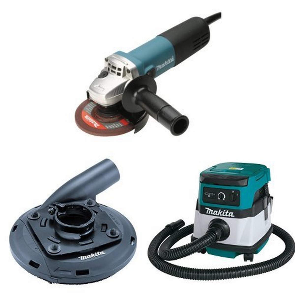 Makita 9564CV 4-1/2-Inch SJS Angle Grinder, 195236-5 4-1/2-Inch - 5-Inch Surface Grinding Shroud, & XCV04Z 18V X2 LXT (36V) 2.1 Gallon HEPA Filter Dry Dust Extractor/Vacuum