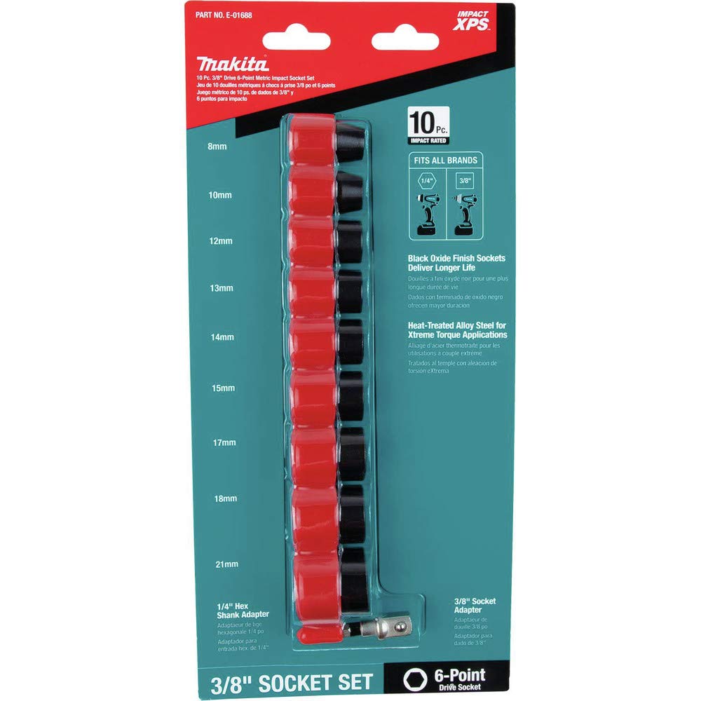 Makita E-01688 Impact XPS® 10 Pc. 3/8" Drive 6-Point Metric Impact Socket Set w/Standard Socket Adapter