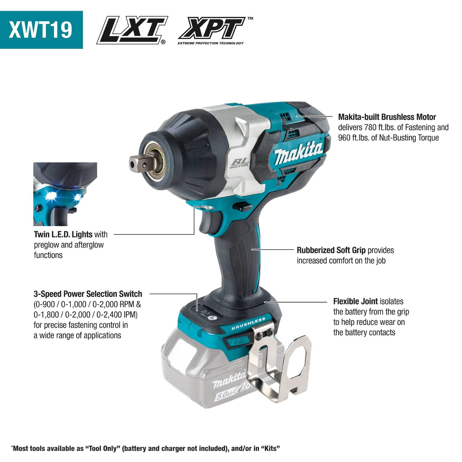Makita XWT19T 18V LXT® Lithium-Ion Brushless Cordless 3-Speed 1/2" Sq. Drive Impact Wrench Kit w/Detent Anvil (5.0Ah)