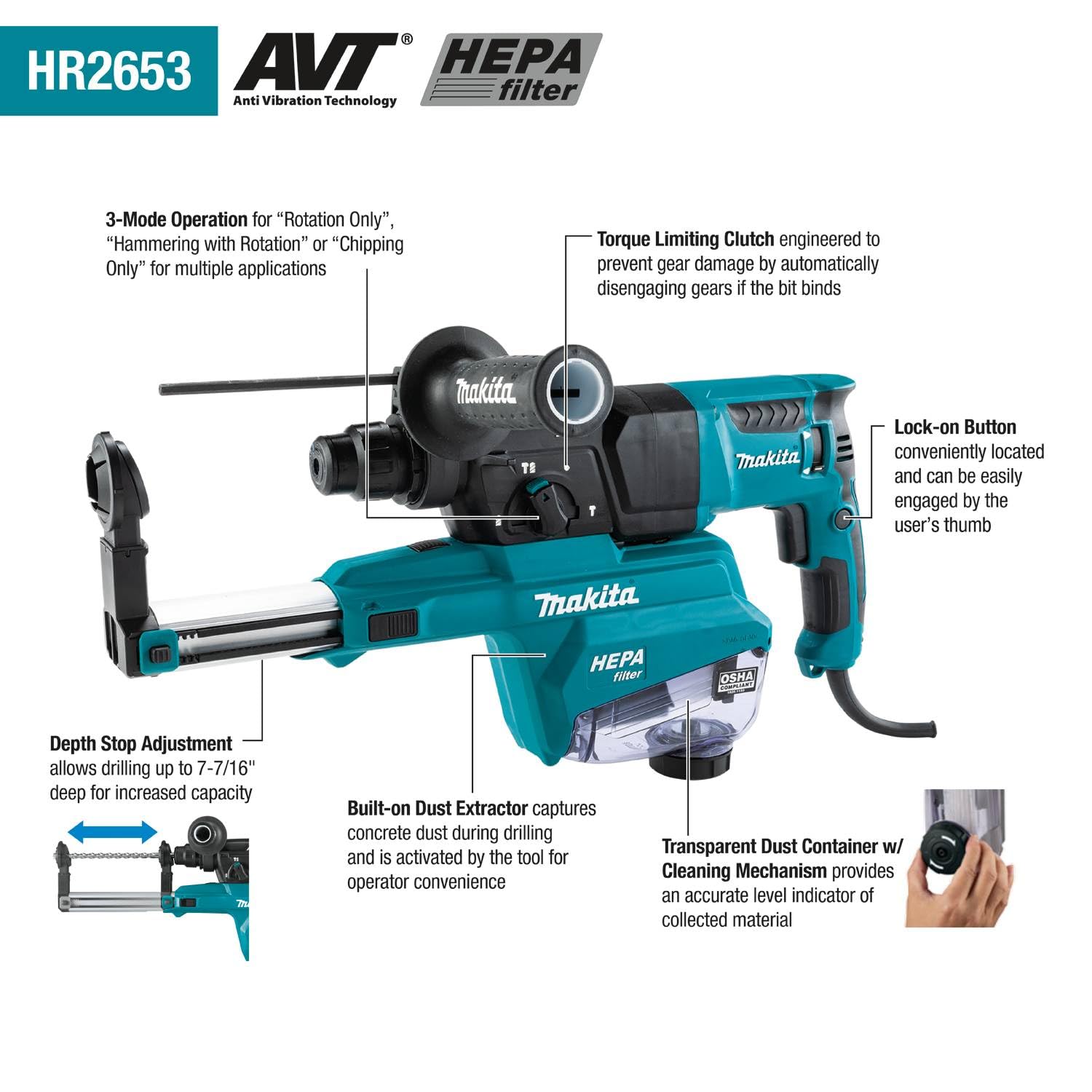 Makita HR2653 1" SDS-PLUS AVT® Rotary Hammer, HEPA Dust Extractor (Pistol Grip)