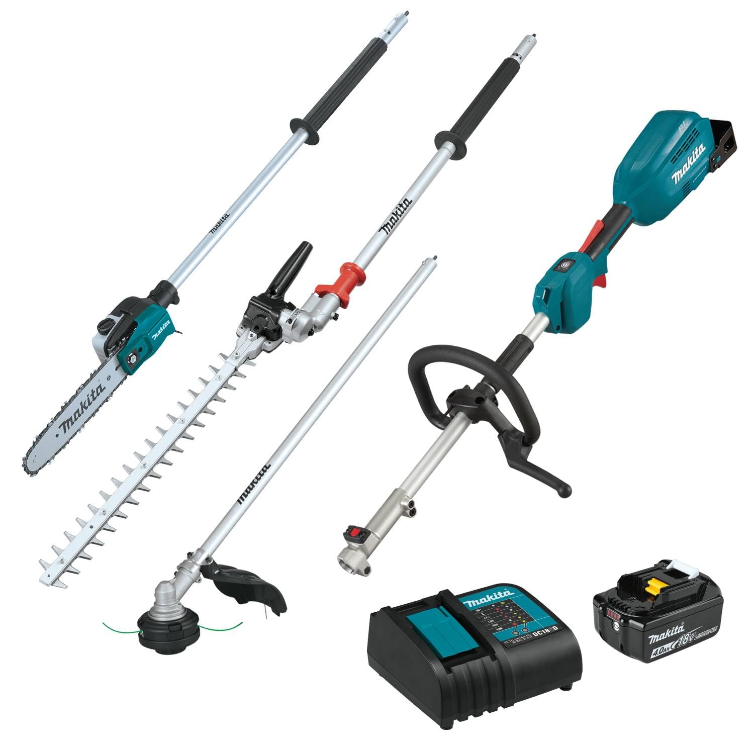Makita XUX02SM1X5 18V LXT® Brushless Couple Shaft Power Head Kit w/String Trimmer, Pole Saw & Articulating Hedge Trimmer Attachments (4.0Ah)