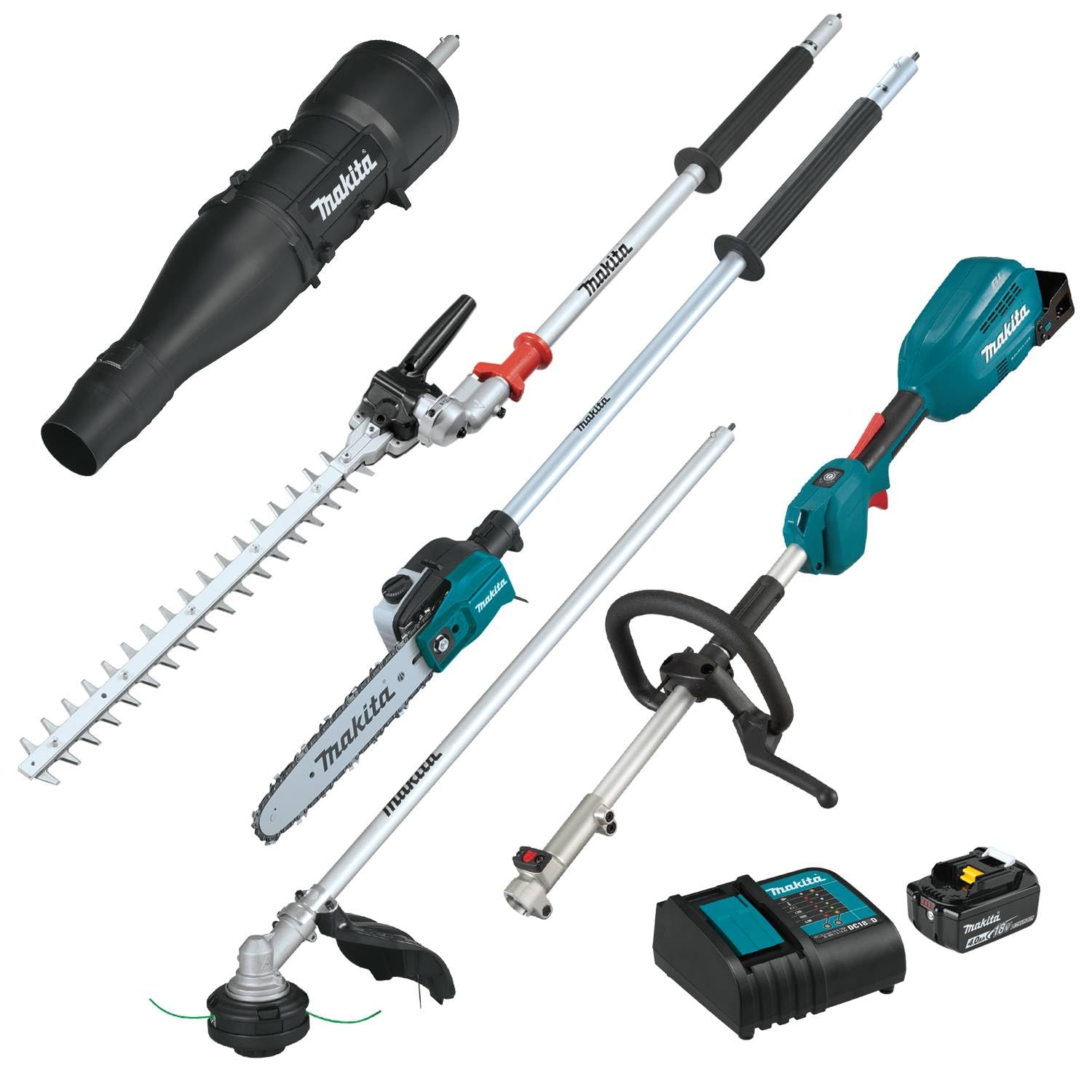 Makita XUX02SM1X6 18V LXT® Brushless Couple Shaft Power Head Kit w/String Trimmer, Pole Saw, Art. Hedge Trimmer & Blower Attachments (4.0Ah)