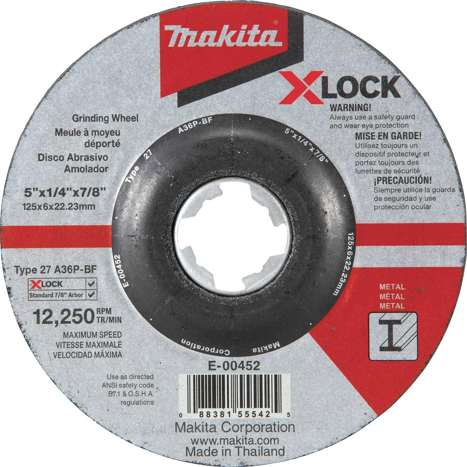 Makita E-00452 X-Lock 5" x 1/4" x 7/8" Type 27 General Purpose 36 Grit Metal Abrasive Grinding Wheel