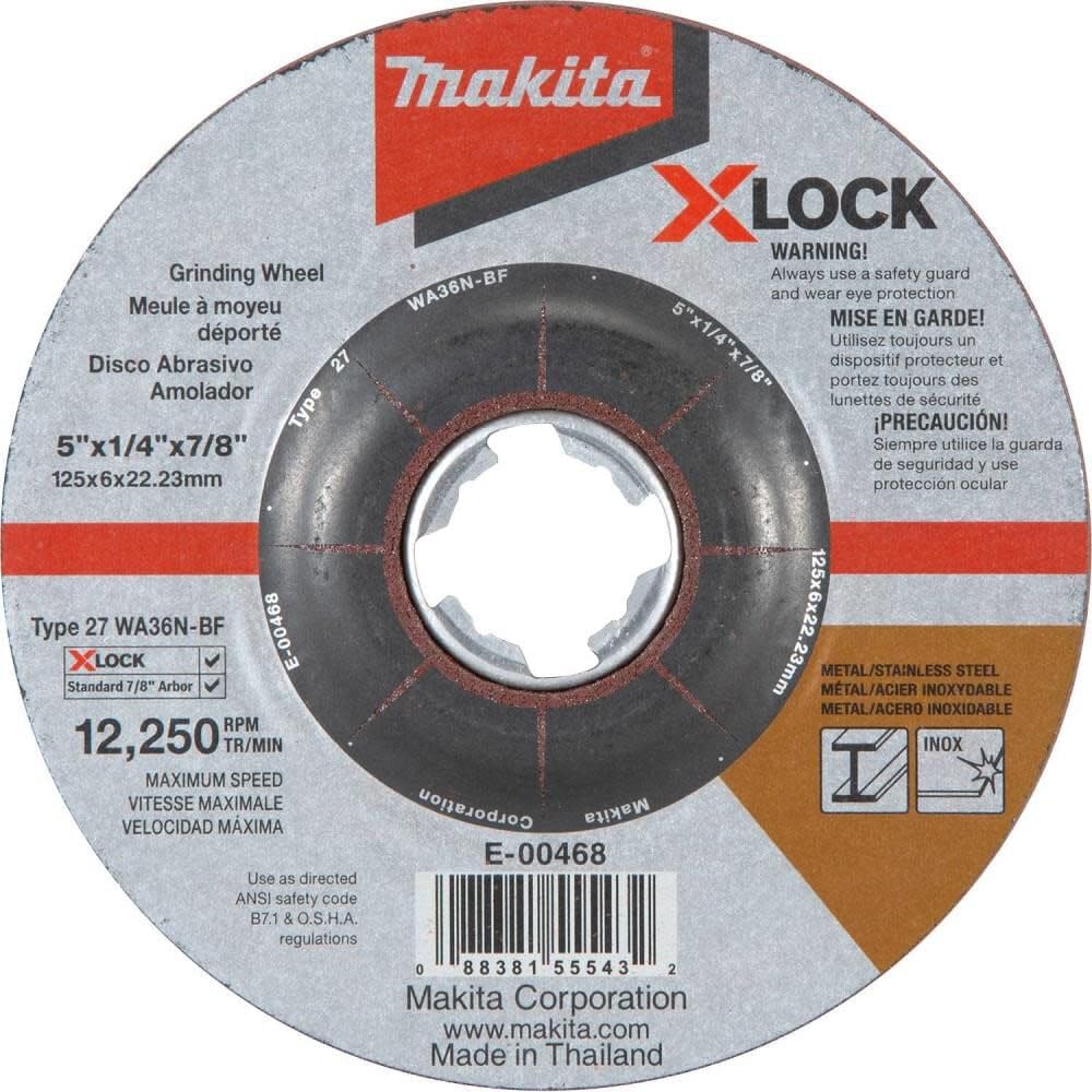Makita E-00468 X-Lock 5" x 1/4" x 7/8" Type 27 General Purpose 36 Grit Abrasive Grinding Wheel for Metal & Stainless Steel Grinding