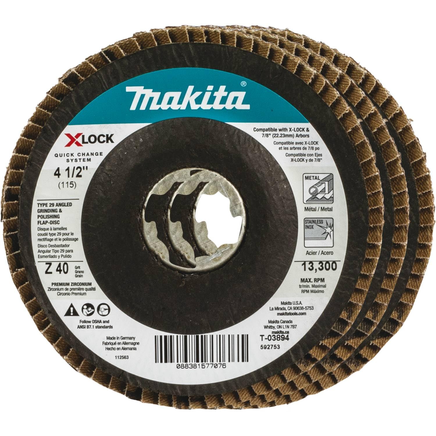 Makita T-03894-3 X-Lock 4‑1/2" 40 Grit Type 29 Angled Grinding and Polishing Flap Disc for X-Lock and All 7/8" Arbor Grinders, 3/pk
