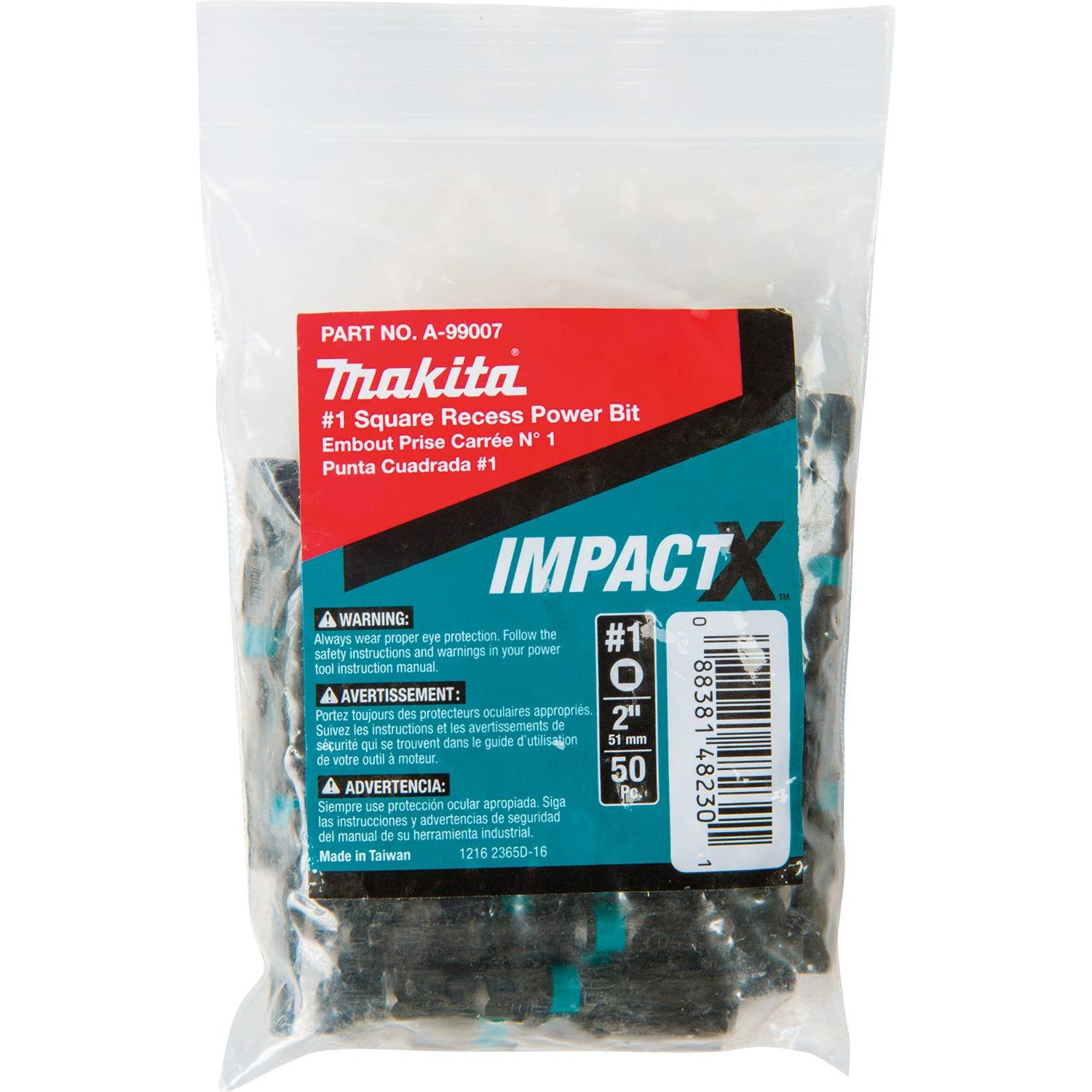 Makita A-99007 Impactx #1 Square Recess 2″ Power Bit, 50 Pack, Bulk