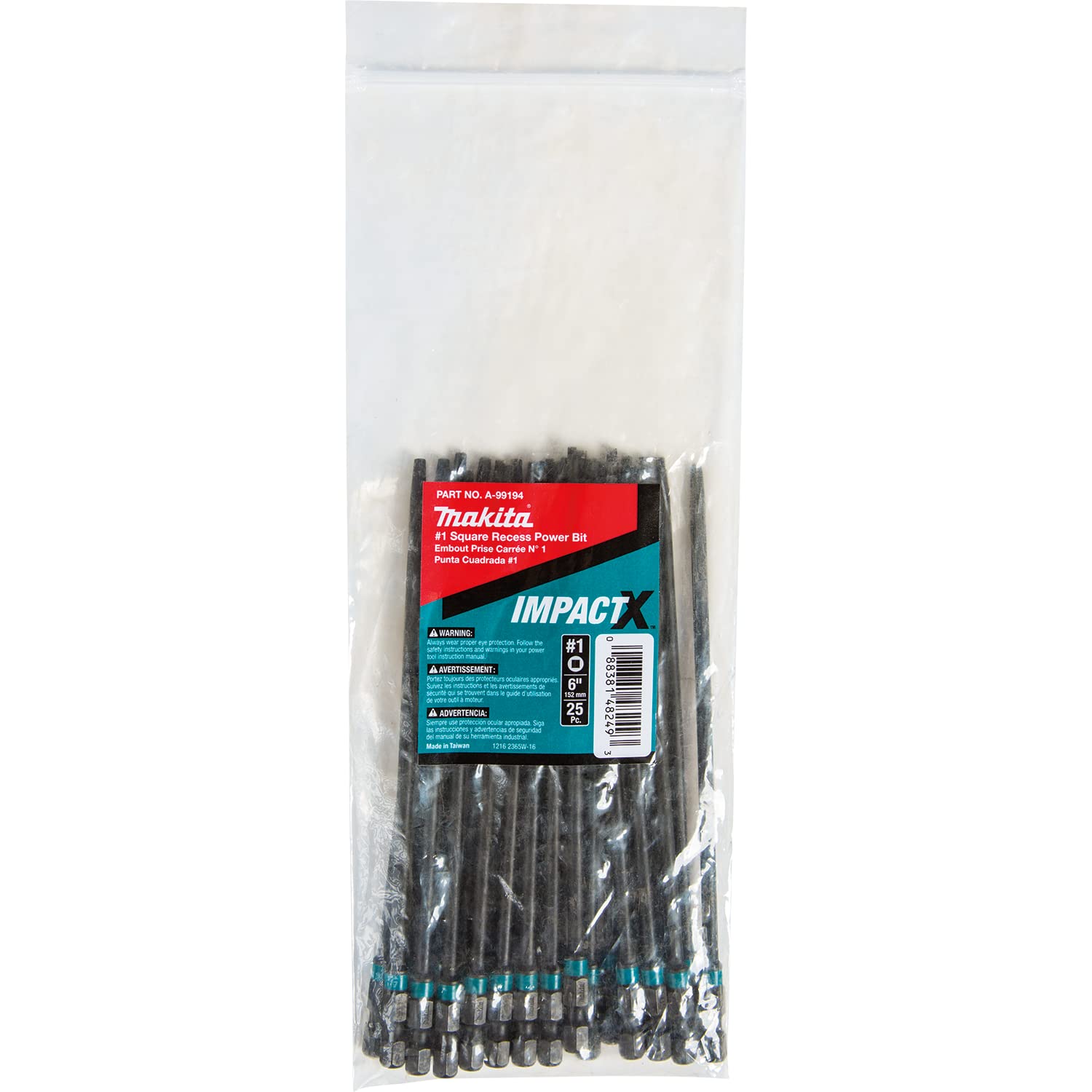 Makita A-99194 Impactx #1 Square Recess 6″ Power Bit, 25 Pack, Bulk