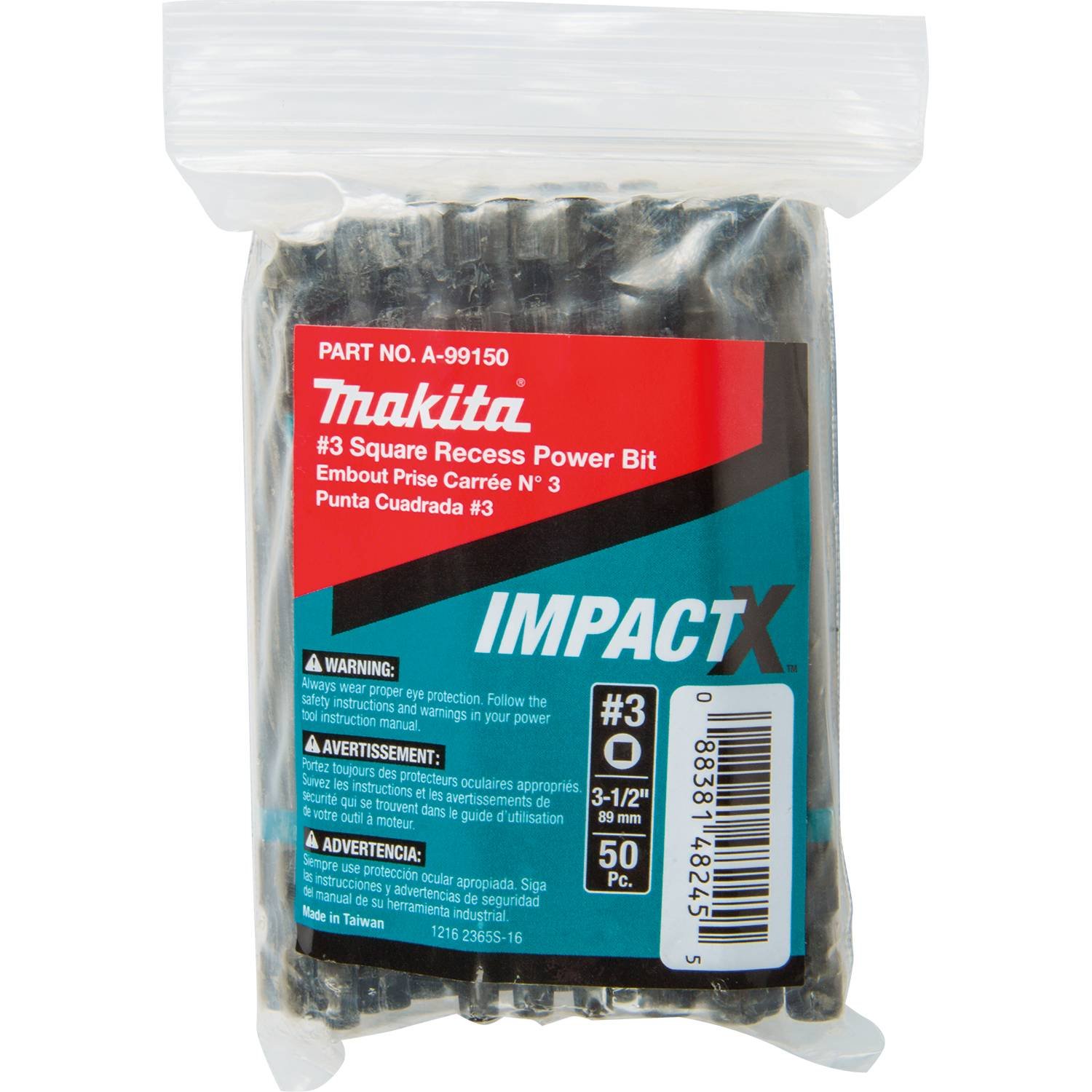 Makita A-99150 Impactx #3 Square Recess 3-1/2″ Power Bit, 50 Pack, Bulk