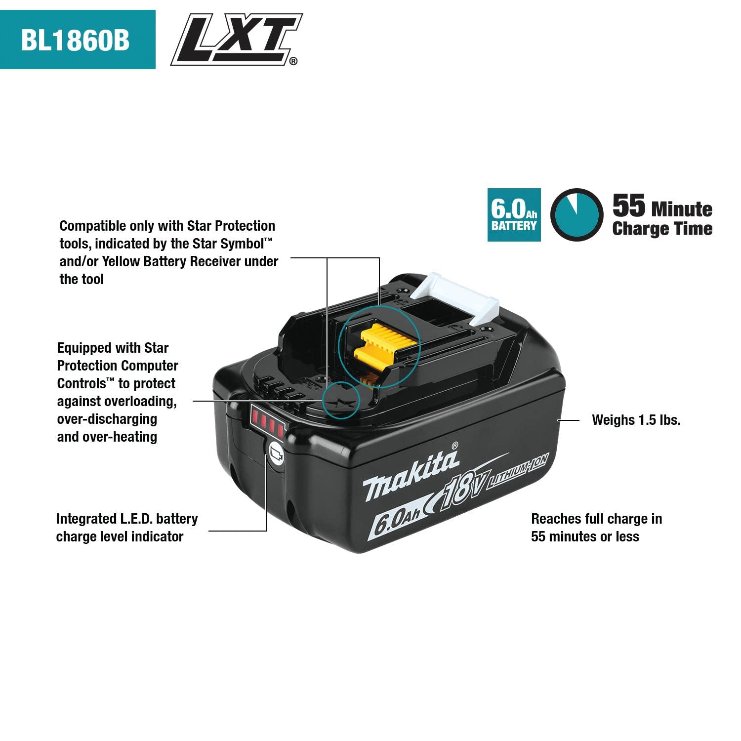 Makita BL1860B-10 18V LXT Lithium-Ion 6.0Ah Battery, 10/pk