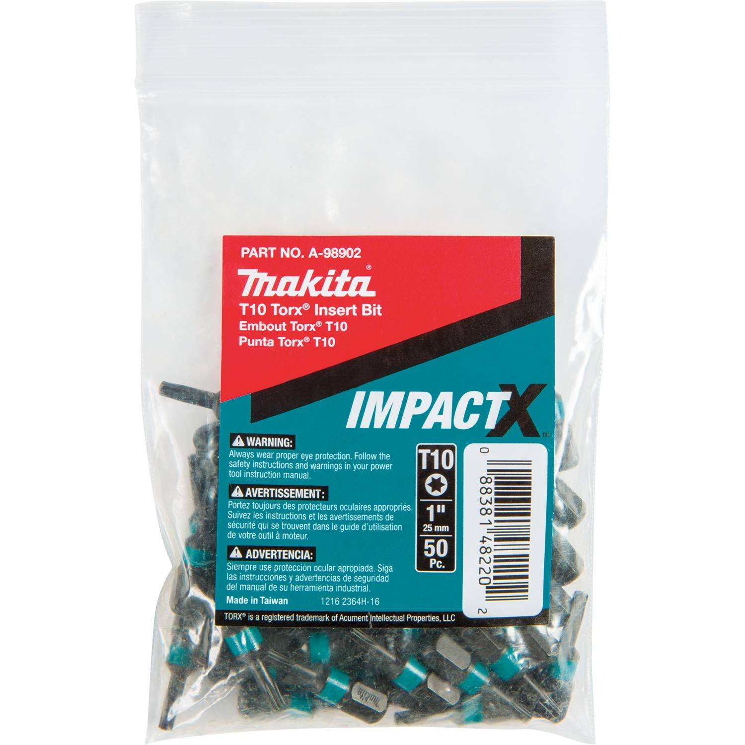 Makita A-98902 Impactx T10 Torx 1″ Insert Bit, 50 Pack, Bulk