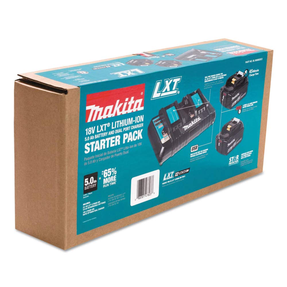 Makita BL1850B2DC2 18V LXT® Lithium-Ion Battery and Dual Port Charger Starter Pack (5.0Ah)