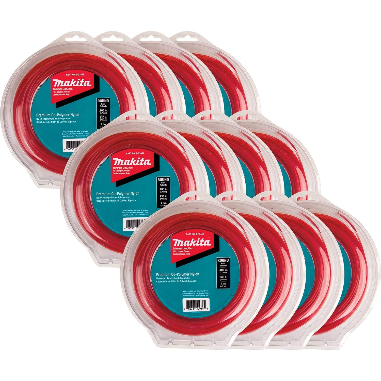 Makita T-03757 Round Trimmer Line, 0.105”, Red, 230’, 1 lbs., 12/pk