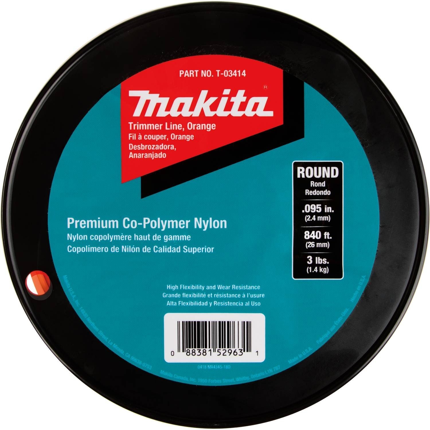 Makita T-03414 Round Trimmer Line, 0.095”, Orange, 840’, 3 lbs.