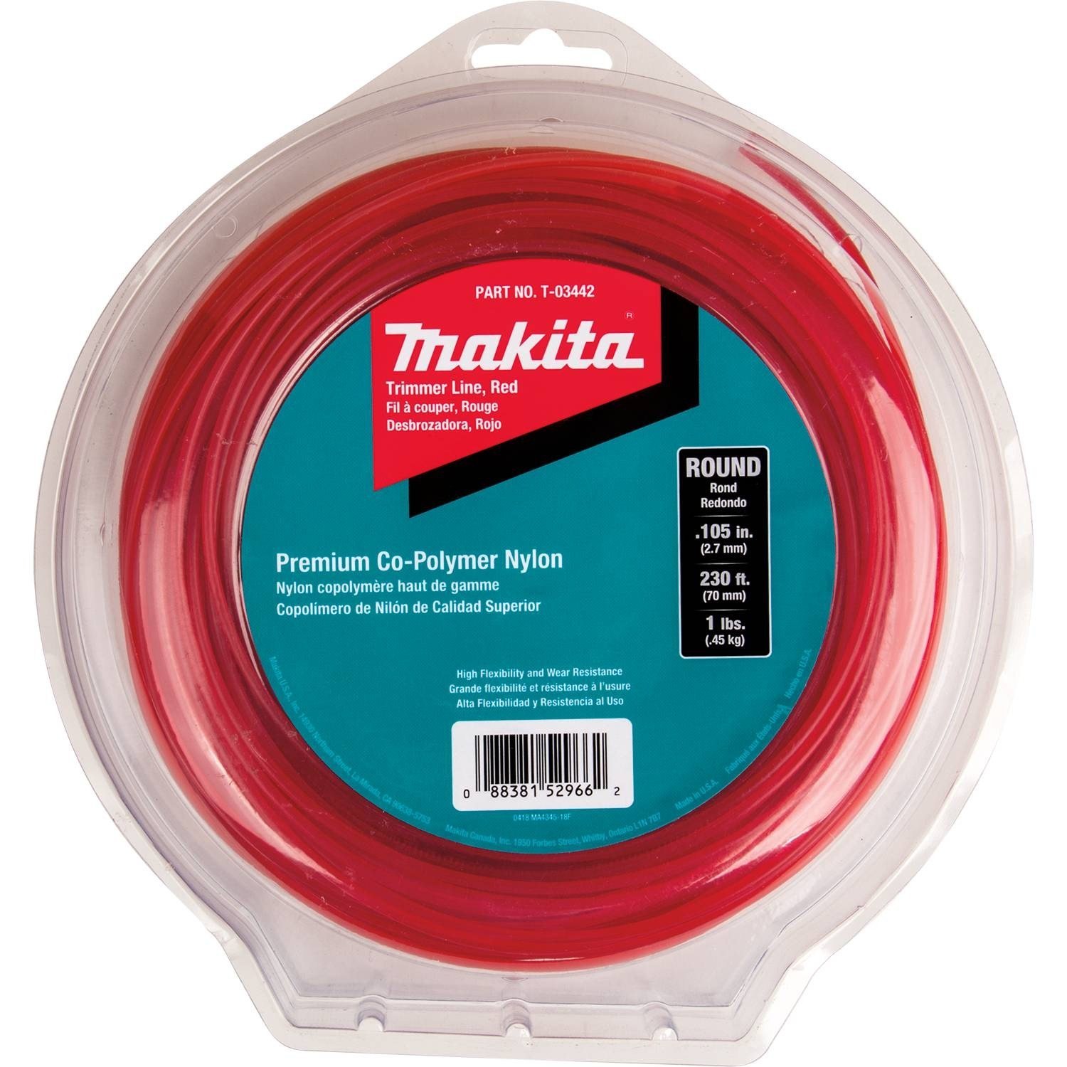 Makita T-03442 Round Trimmer Line, 0.105”, Red, 230’, 1 lbs.