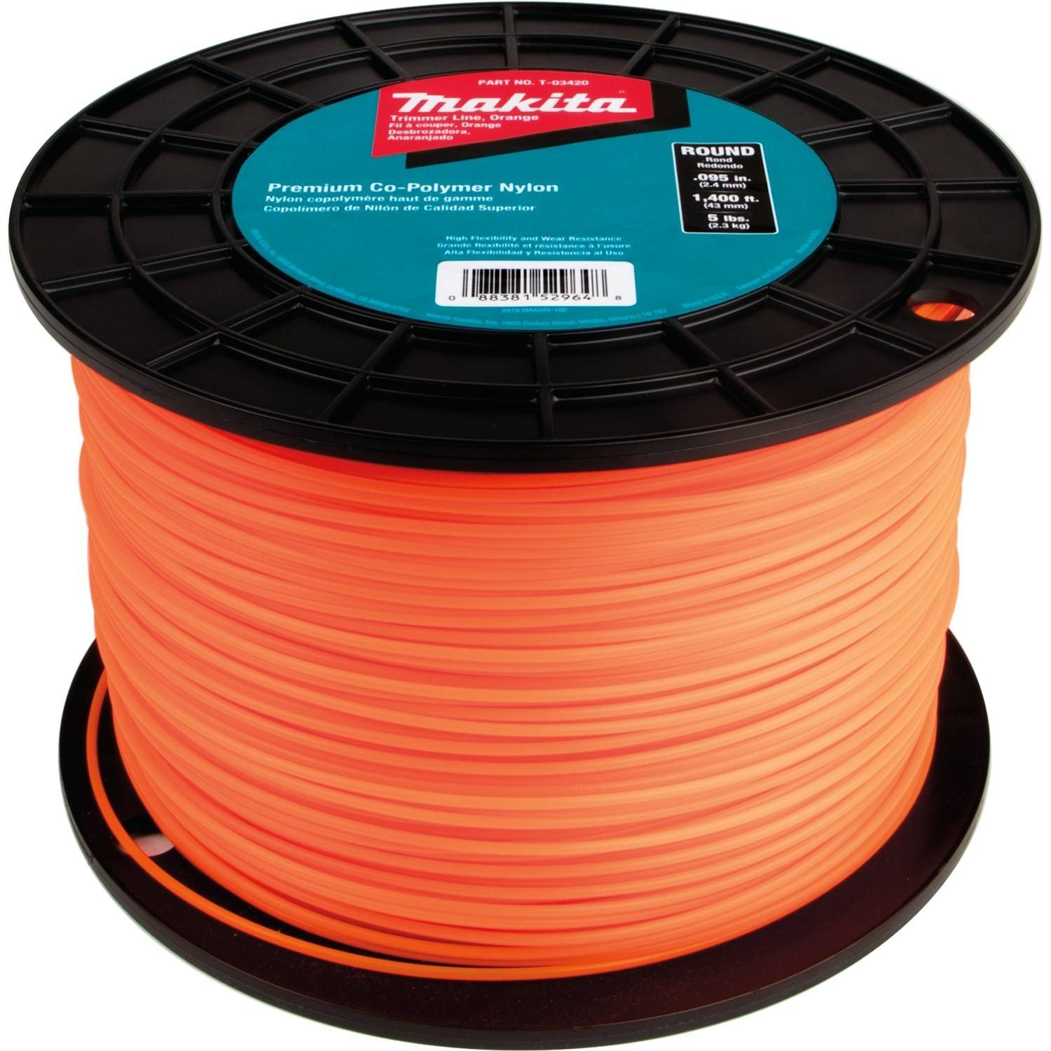 Makita T-03420 Round Trimmer Line, 0.095”, Orange, 1,400’, 5 lbs.