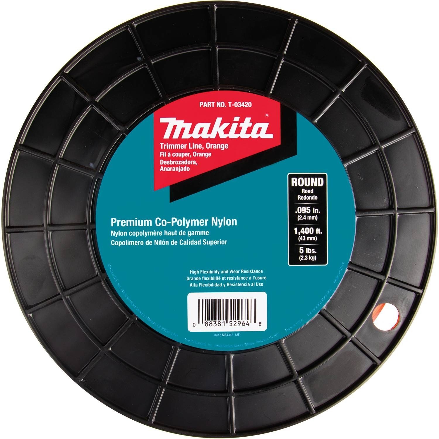 Makita T-03420 Round Trimmer Line, 0.095”, Orange, 1,400’, 5 lbs.