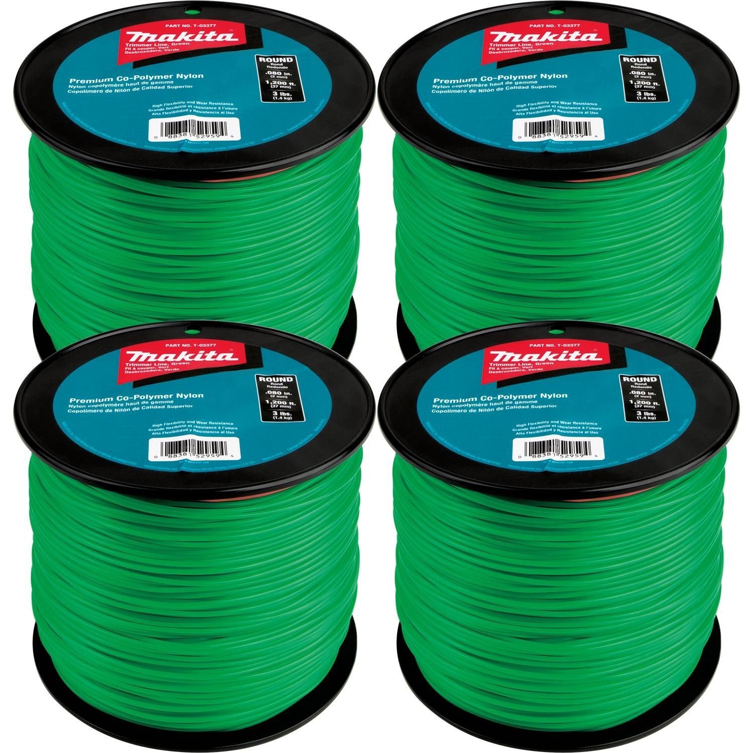 Makita T-03713 Round Trimmer Line, 0.080”, Green, 1,200’, 3 lbs., 4/pk