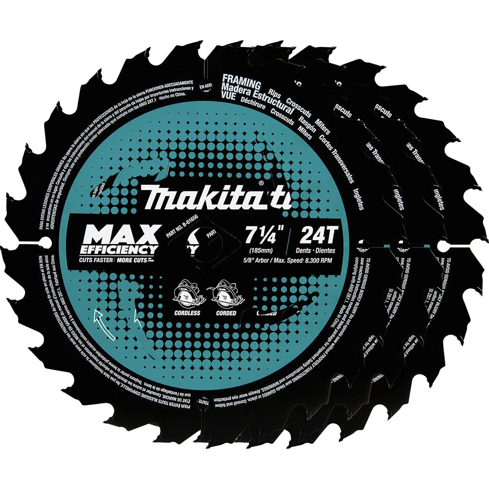Makita B-61656-3 7-1/4" 24T Carbide-Tipped Max Efficiency Circular Saw Blade, Framing, 3/pk