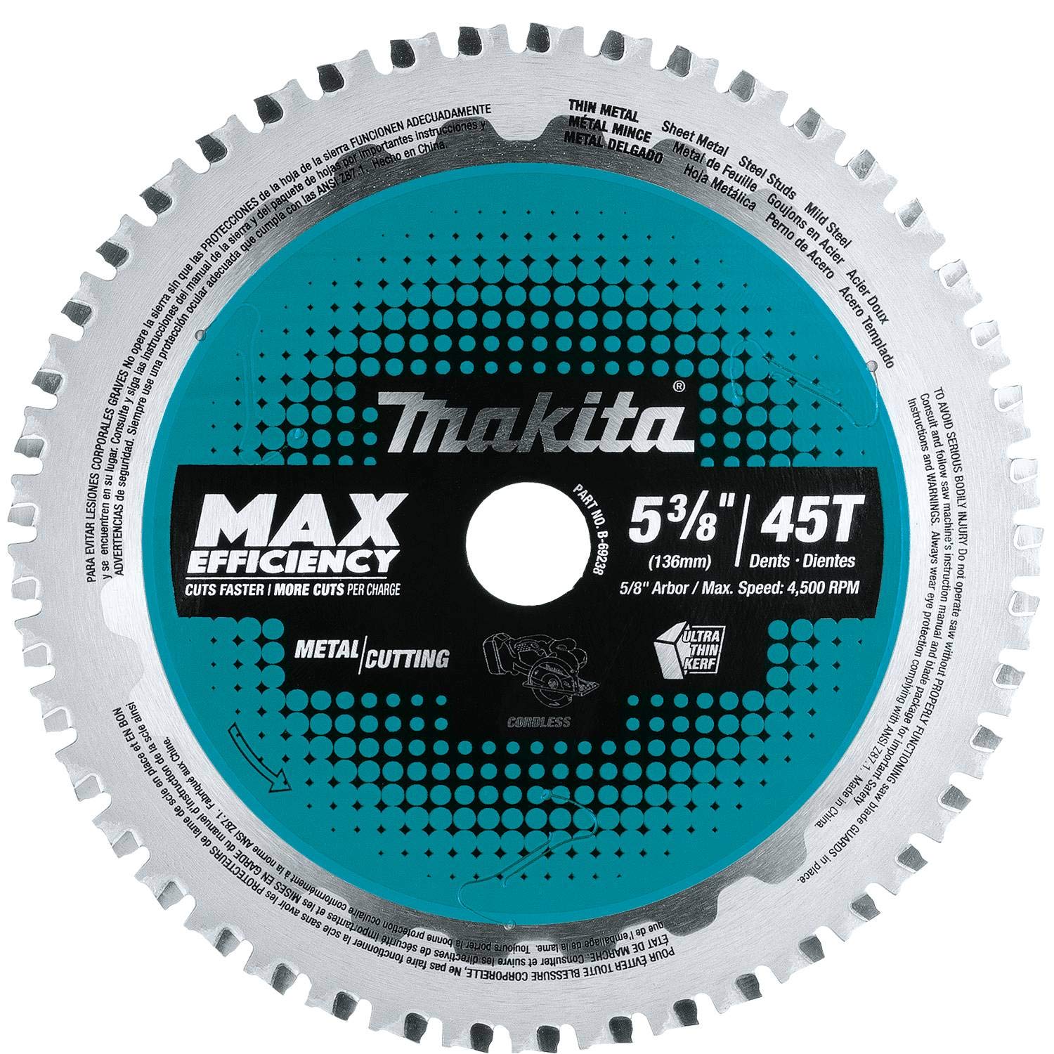 Makita B-69238 5-3/8" 45T Carbide-Tipped Max Efficiency Saw Blade, Ferrous Metal-Thin Gauge