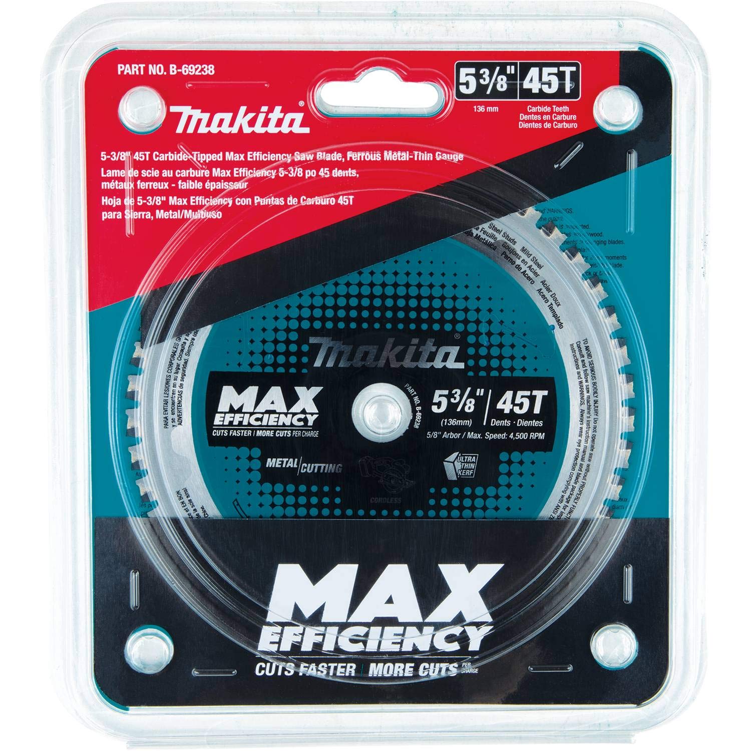Makita B-69238 5-3/8" 45T Carbide-Tipped Max Efficiency Saw Blade, Ferrous Metal-Thin Gauge