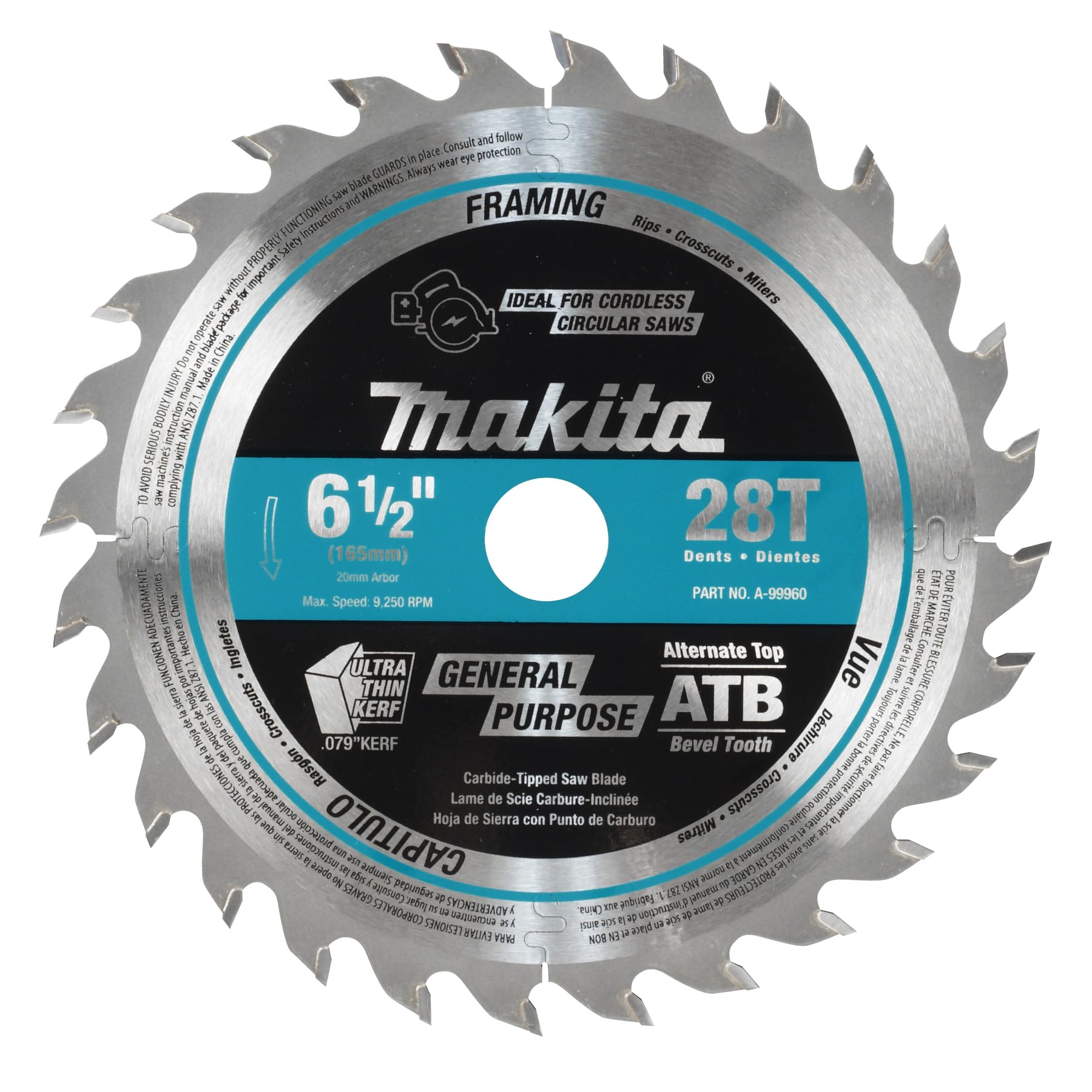 Makita A-99960 6-1/2" 28T Carbide-Tipped Cordless Plunge Saw Blade
