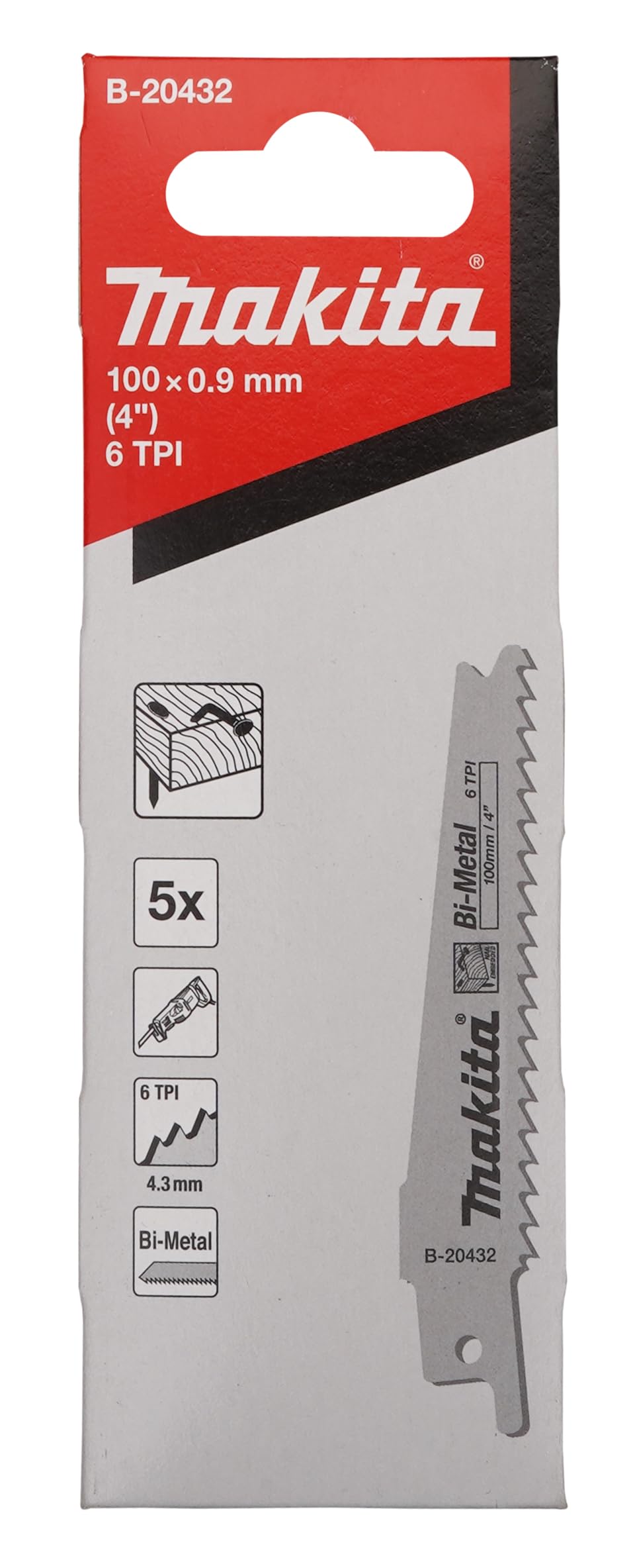 Makita B-20432 4" 6TPI Nail Embedded Wood Cutting Recipro Saw Blade, 5/pk